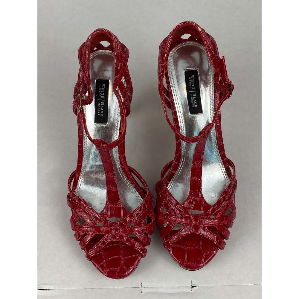 White House Black Market Red Croc Embossed T-Strap Platform Heels Womens 7M